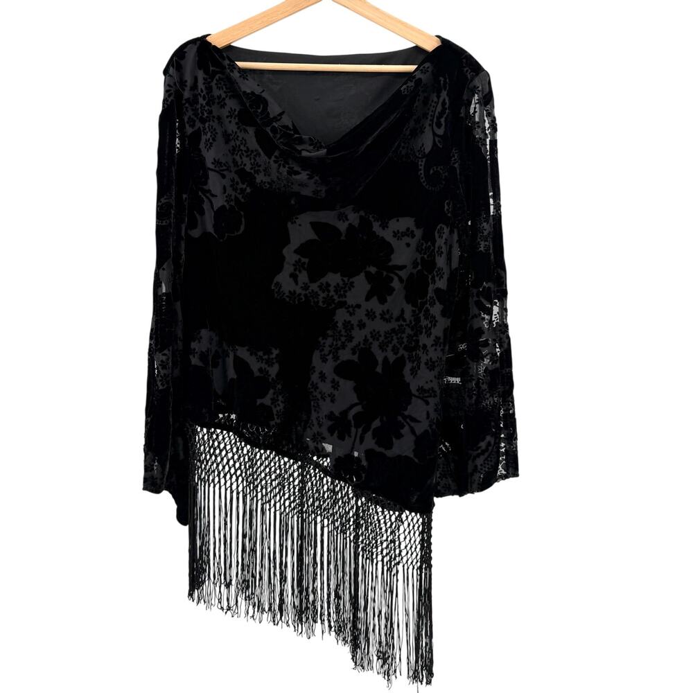 Vintage Y2K Black Burnout Velvet Asymmetrical Fringe Bell Sleeve Blouse